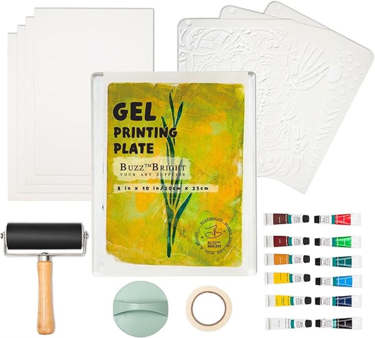 Gel Printing Plate kit, Complete Printmaking Set with 8”X10” Gelatin Plate, Brayer, Printmaking Paper, Acrylic Paint and Essential Tools for Mixed Media Art, Monoprinting, Card Making